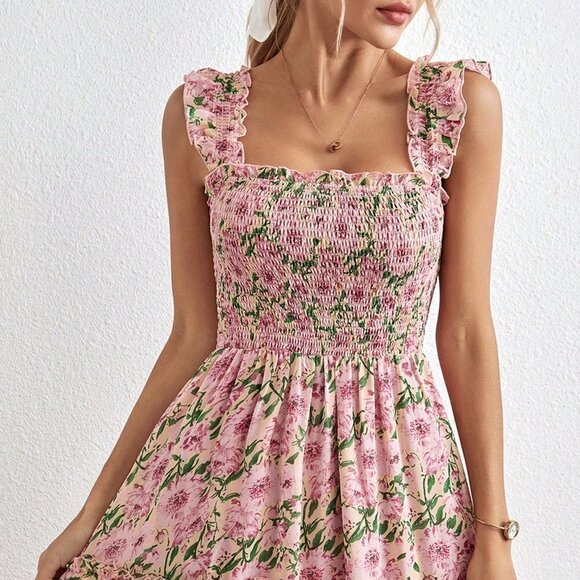 Multicolor Boho Womens Allover Floral Print Ruffle Hem Dress - Picture 4 of 5